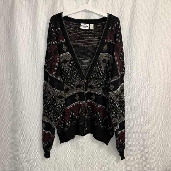 Piccadilly Sweaters - Vintage Piccadilly Geometric Knit Cardigan Sweater 2XL Tall Made In Korea Retro